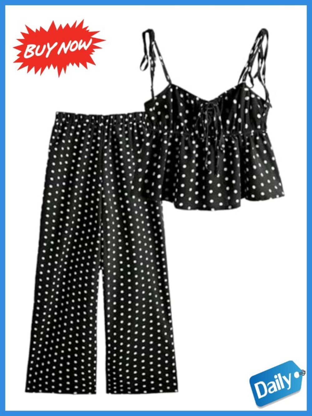 Women's 2 Piece Polka Dots Matching Set Sleeveless Babydoll Top & Wide Leg Pants